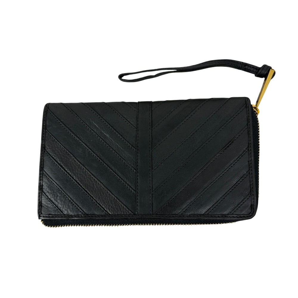 Margot Wallet Womens Black Chevron Quilted Leather Zip Around Wristlet Clutch
